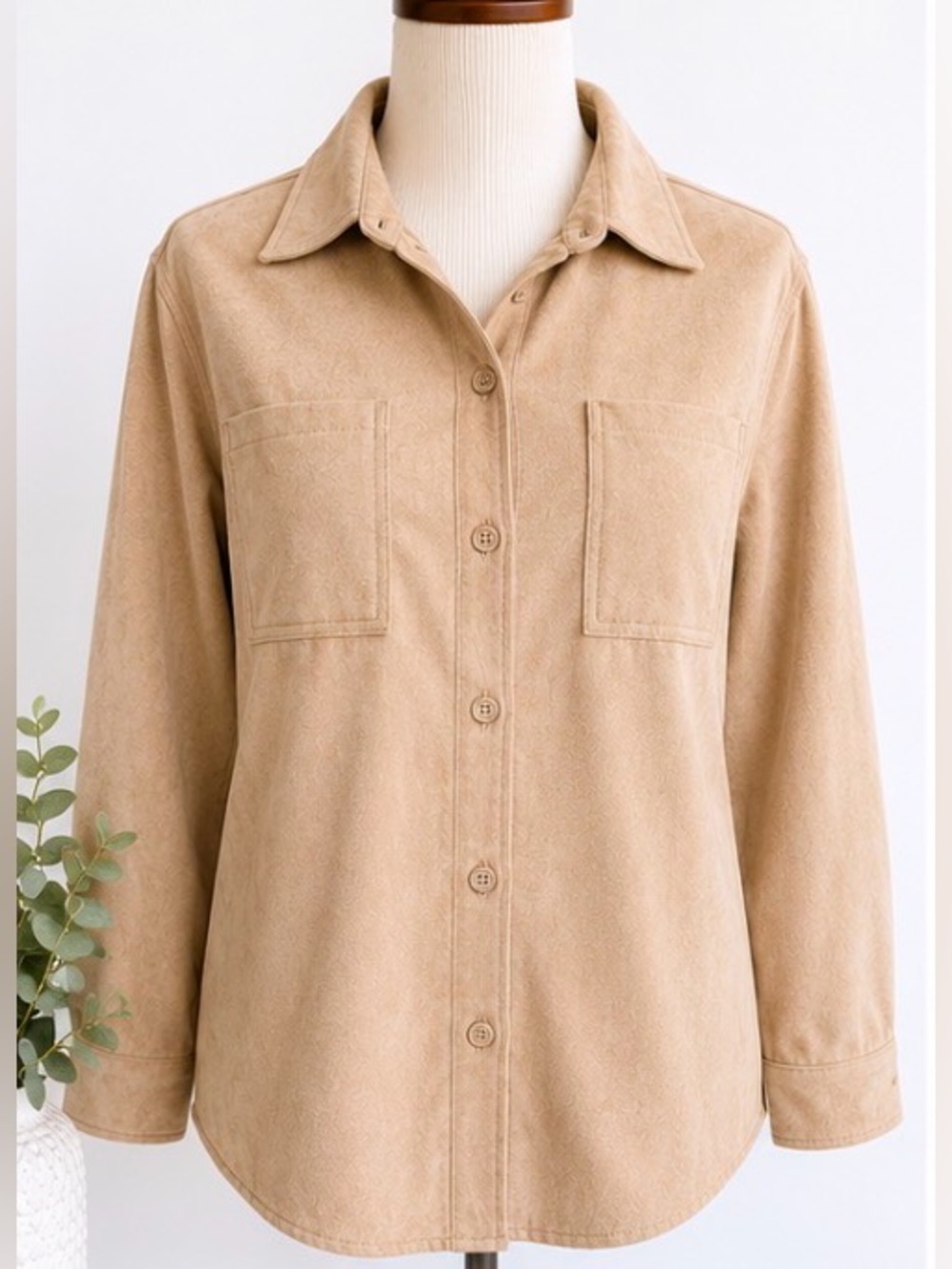 [Allison Morgan] Tan Faux Suede Button Down Shirt Jacket Shacket Size Large